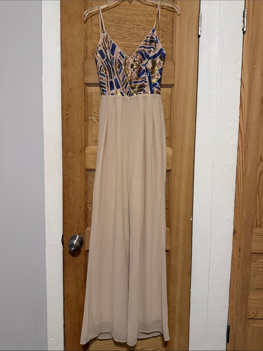 Miss Avenue Beige Open Back Jumpsuit with Blue & Gold Sequin Bodice